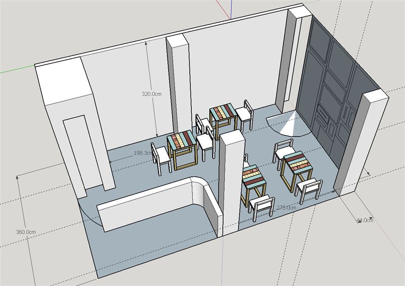 在sketchup中把店內的空間畫出來,然後擺上桌椅